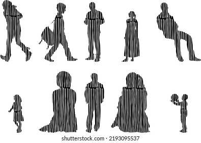 Vector silhouettes, Outline silhouettes of people, Contour drawing, people silhouette, Icon Set Isolated, Silhouette of sitting people, Architectural set	