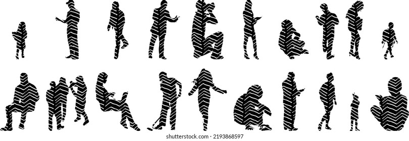 Vector silhouettes, Outline silhouettes of people, Contour drawing, people silhouette, Icon Set Isolated, Silhouette of sitting people, Architectural set	
