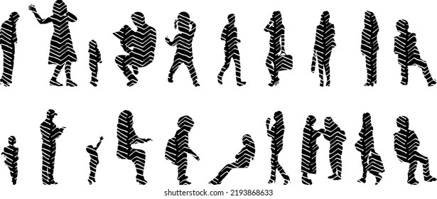 Vector silhouettes, Outline silhouettes of people, Contour drawing, people silhouette, Icon Set Isolated, Silhouette of sitting people, Architectural set	
