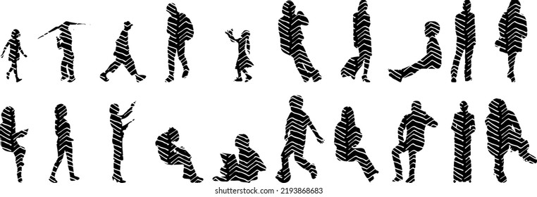 Vector silhouettes, Outline silhouettes of people, Contour drawing, people silhouette, Icon Set Isolated, Silhouette of sitting people, Architectural set	
