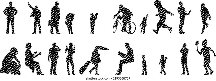 Vector silhouettes, Outline silhouettes of people, Contour drawing, people silhouette, Icon Set Isolated, Silhouette of sitting people, Architectural set	
