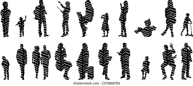 Vector silhouettes, Outline silhouettes of people, Contour drawing, people silhouette, Icon Set Isolated, Silhouette of sitting people, Architectural set	
