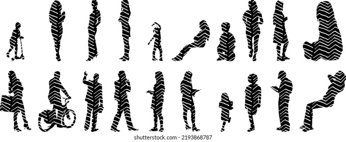 Vector silhouettes, Outline silhouettes of people, Contour drawing, people silhouette, Icon Set Isolated, Silhouette of sitting people, Architectural set	
