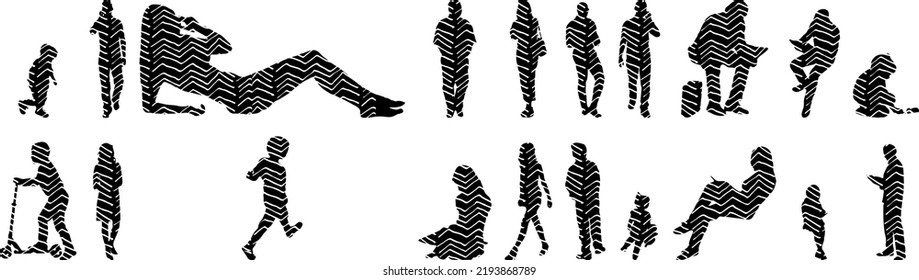 Vector silhouettes, Outline silhouettes of people, Contour drawing, people silhouette, Icon Set Isolated, Silhouette of sitting people, Architectural set	
