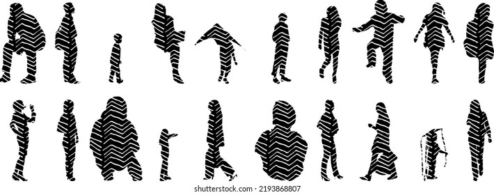 Vector silhouettes, Outline silhouettes of people, Contour drawing, people silhouette, Icon Set Isolated, Silhouette of sitting people, Architectural set	
