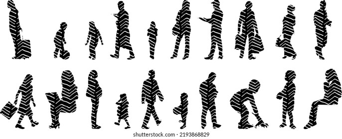 Vector silhouettes, Outline silhouettes of people, Contour drawing, people silhouette, Icon Set Isolated, Silhouette of sitting people, Architectural set	
