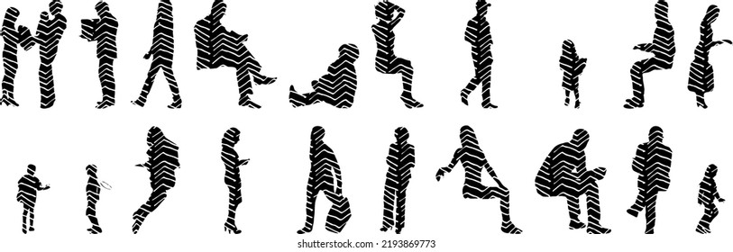 Vector silhouettes, Outline silhouettes of people, Contour drawing, people silhouette, Icon Set Isolated, Silhouette of sitting people, Architectural set	
