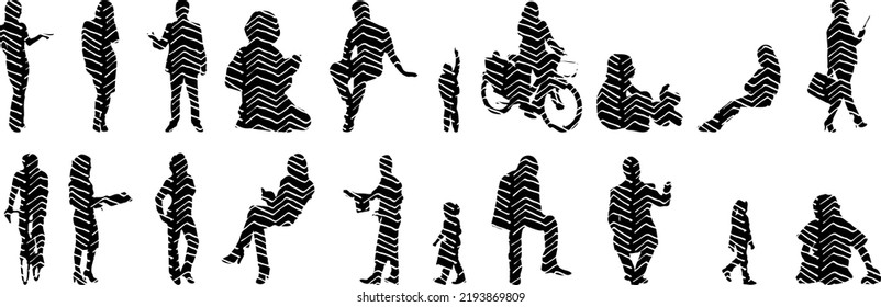 Vector silhouettes, Outline silhouettes of people, Contour drawing, people silhouette, Icon Set Isolated, Silhouette of sitting people, Architectural set	
