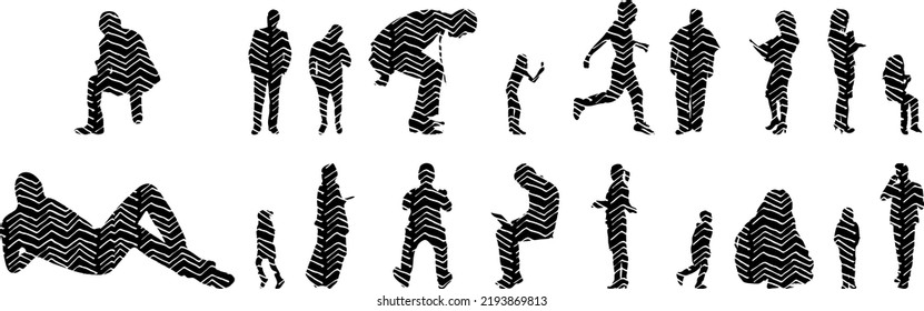 Vector silhouettes, Outline silhouettes of people, Contour drawing, people silhouette, Icon Set Isolated, Silhouette of sitting people, Architectural set	
