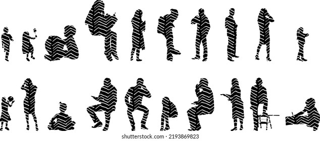 Vector silhouettes, Outline silhouettes of people, Contour drawing, people silhouette, Icon Set Isolated, Silhouette of sitting people, Architectural set	

