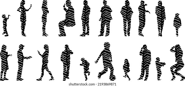 Vector silhouettes, Outline silhouettes of people, Contour drawing, people silhouette, Icon Set Isolated, Silhouette of sitting people, Architectural set	
