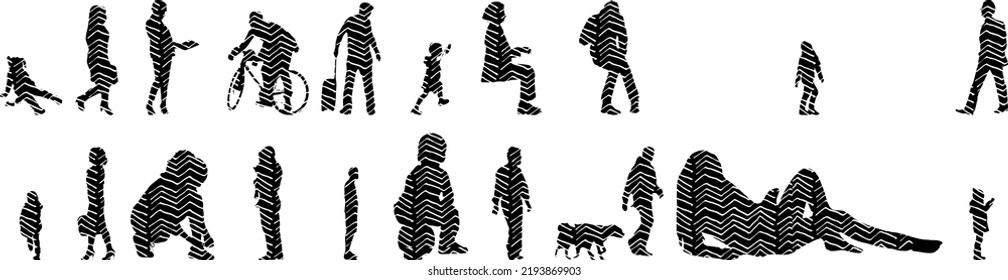 Vector silhouettes, Outline silhouettes of people, Contour drawing, people silhouette, Icon Set Isolated, Silhouette of sitting people, Architectural set	

