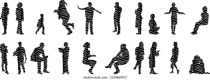 Vector silhouettes, Outline silhouettes of people, Contour drawing, people silhouette, Icon Set Isolated, Silhouette of sitting people, Architectural set	
