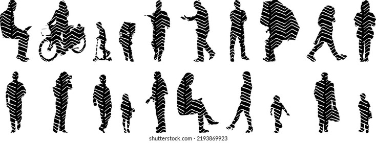 Vector silhouettes, Outline silhouettes of people, Contour drawing, people silhouette, Icon Set Isolated, Silhouette of sitting people, Architectural set	
