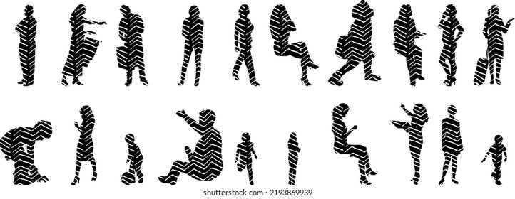 Vector silhouettes, Outline silhouettes of people, Contour drawing, people silhouette, Icon Set Isolated, Silhouette of sitting people, Architectural set	
