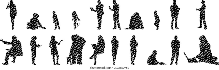 Vector silhouettes, Outline silhouettes of people, Contour drawing, people silhouette, Icon Set Isolated, Silhouette of sitting people, Architectural set	
