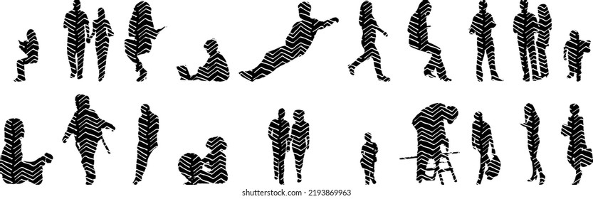 Vector silhouettes, Outline silhouettes of people, Contour drawing, people silhouette, Icon Set Isolated, Silhouette of sitting people, Architectural set	

