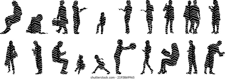 Vector silhouettes, Outline silhouettes of people, Contour drawing, people silhouette, Icon Set Isolated, Silhouette of sitting people, Architectural set	

