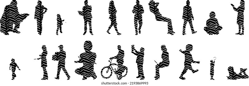 Vector silhouettes, Outline silhouettes of people, Contour drawing, people silhouette, Icon Set Isolated, Silhouette of sitting people, Architectural set	
