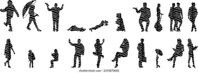 Vector silhouettes, Outline silhouettes of people, Contour drawing, people silhouette, Icon Set Isolated, Silhouette of sitting people, Architectural set	

