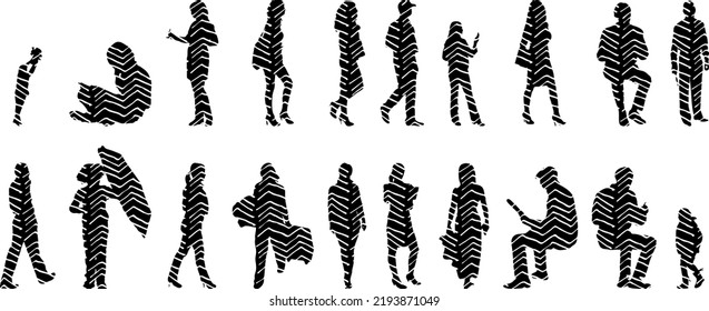 Vector silhouettes, Outline silhouettes of people, Contour drawing, people silhouette, Icon Set Isolated, Silhouette of sitting people, Architectural set	

