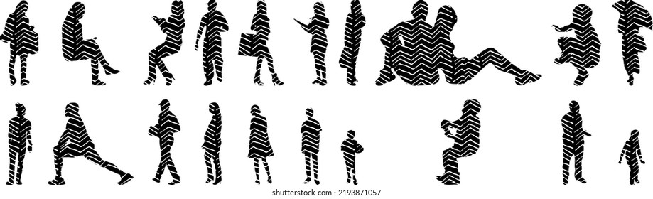 Vector silhouettes, Outline silhouettes of people, Contour drawing, people silhouette, Icon Set Isolated, Silhouette of sitting people, Architectural set	
