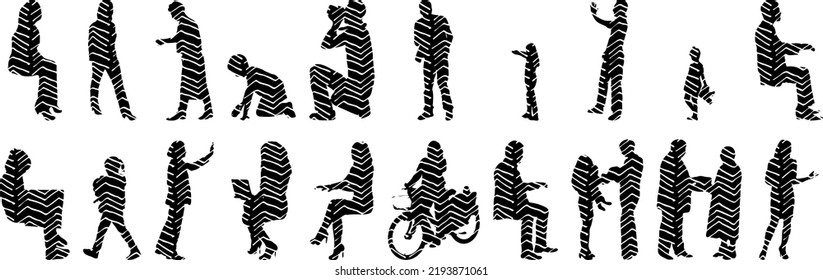 Vector silhouettes, Outline silhouettes of people, Contour drawing, people silhouette, Icon Set Isolated, Silhouette of sitting people, Architectural set	
