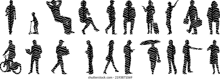 Vector silhouettes, Outline silhouettes of people, Contour drawing, people silhouette, Icon Set Isolated, Silhouette of sitting people, Architectural set	
