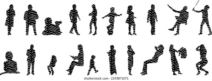 Vector silhouettes, Outline silhouettes of people, Contour drawing, people silhouette, Icon Set Isolated, Silhouette of sitting people, Architectural set	

