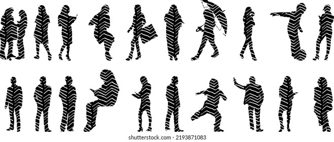 Vector silhouettes, Outline silhouettes of people, Contour drawing, people silhouette, Icon Set Isolated, Silhouette of sitting people, Architectural set	
