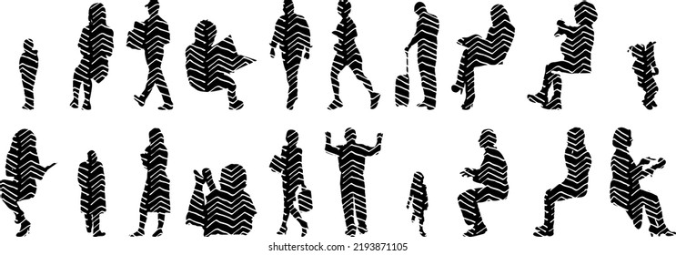 Vector silhouettes, Outline silhouettes of people, Contour drawing, people silhouette, Icon Set Isolated, Silhouette of sitting people, Architectural set	
