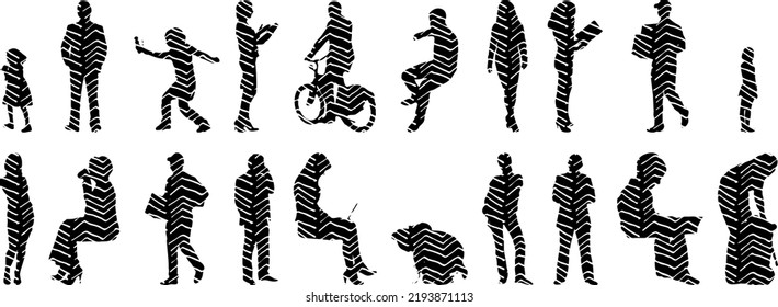 Vector silhouettes, Outline silhouettes of people, Contour drawing, people silhouette, Icon Set Isolated, Silhouette of sitting people, Architectural set	
