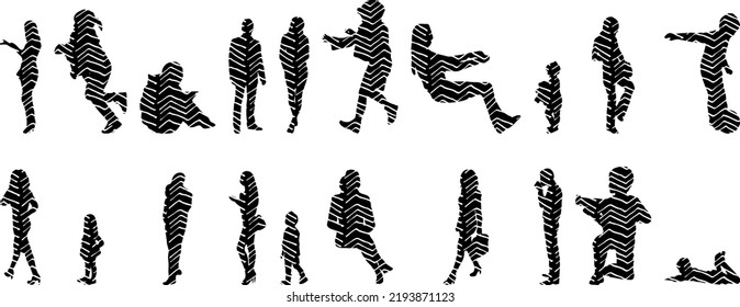 Vector silhouettes, Outline silhouettes of people, Contour drawing, people silhouette, Icon Set Isolated, Silhouette of sitting people, Architectural set	
