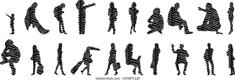 Vector silhouettes, Outline silhouettes of people, Contour drawing, people silhouette, Icon Set Isolated, Silhouette of sitting people, Architectural set	
