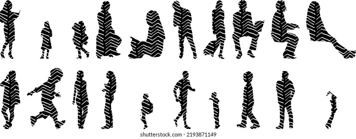 Vector silhouettes, Outline silhouettes of people, Contour drawing, people silhouette, Icon Set Isolated, Silhouette of sitting people, Architectural set	
