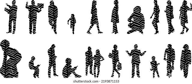 Vector silhouettes, Outline silhouettes of people, Contour drawing, people silhouette, Icon Set Isolated, Silhouette of sitting people, Architectural set	
