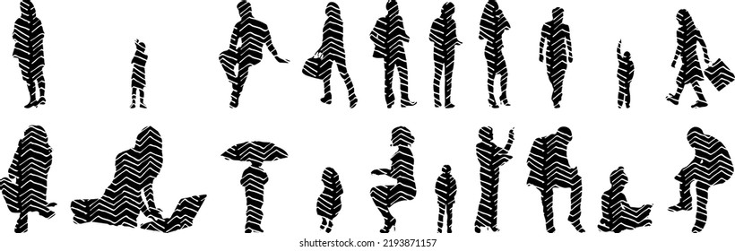 Vector silhouettes, Outline silhouettes of people, Contour drawing, people silhouette, Icon Set Isolated, Silhouette of sitting people, Architectural set	
