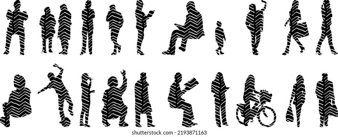 Vector silhouettes, Outline silhouettes of people, Contour drawing, people silhouette, Icon Set Isolated, Silhouette of sitting people, Architectural set	
