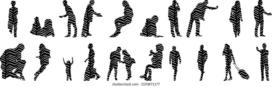 Vector silhouettes, Outline silhouettes of people, Contour drawing, people silhouette, Icon Set Isolated, Silhouette of sitting people, Architectural set	
