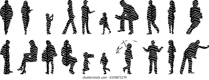 Vector silhouettes, Outline silhouettes of people, Contour drawing, people silhouette, Icon Set Isolated, Silhouette of sitting people, Architectural set	
