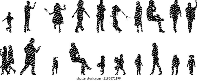 Vector silhouettes, Outline silhouettes of people, Contour drawing, people silhouette, Icon Set Isolated, Silhouette of sitting people, Architectural set	
