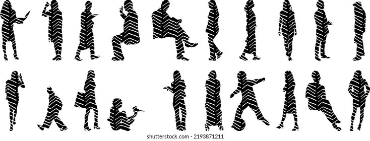 Vector silhouettes, Outline silhouettes of people, Contour drawing, people silhouette, Icon Set Isolated, Silhouette of sitting people, Architectural set	
