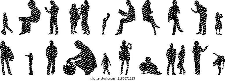 Vector silhouettes, Outline silhouettes of people, Contour drawing, people silhouette, Icon Set Isolated, Silhouette of sitting people, Architectural set	
