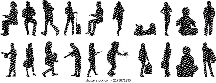 Vector silhouettes, Outline silhouettes of people, Contour drawing, people silhouette, Icon Set Isolated, Silhouette of sitting people, Architectural set	
