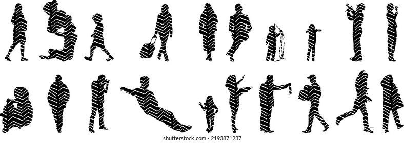 Vector silhouettes, Outline silhouettes of people, Contour drawing, people silhouette, Icon Set Isolated, Silhouette of sitting people, Architectural set	
