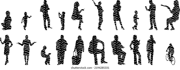 Vector silhouettes, Outline silhouettes of people, Contour drawing, people silhouette, Icon Set Isolated, Silhouette of sitting people, Architectural set	
