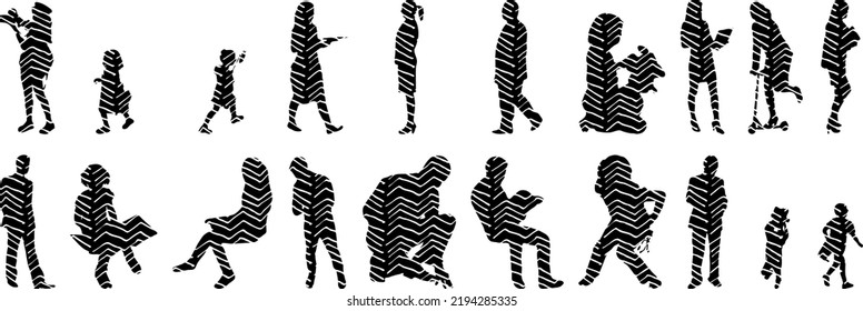 Vector silhouettes, Outline silhouettes of people, Contour drawing, people silhouette, Icon Set Isolated, Silhouette of sitting people, Architectural set	
