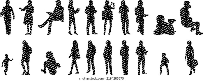 Vector silhouettes, Outline silhouettes of people, Contour drawing, people silhouette, Icon Set Isolated, Silhouette of sitting people, Architectural set	
