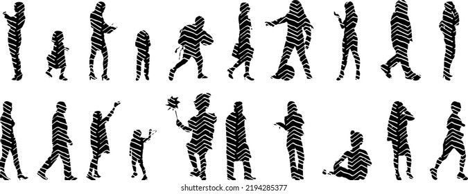 Vector silhouettes, Outline silhouettes of people, Contour drawing, people silhouette, Icon Set Isolated, Silhouette of sitting people, Architectural set	
