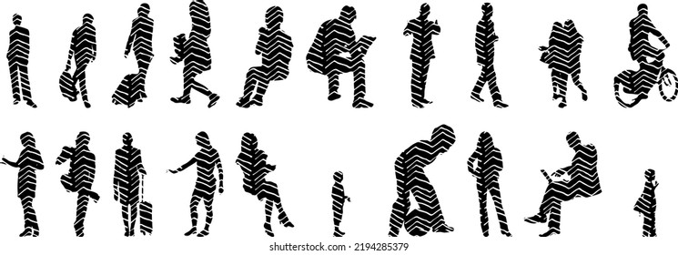 Vector silhouettes, Outline silhouettes of people, Contour drawing, people silhouette, Icon Set Isolated, Silhouette of sitting people, Architectural set	
